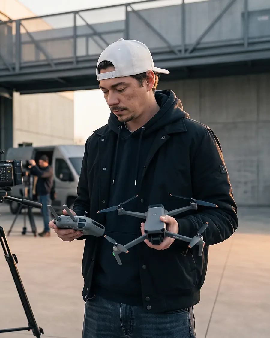 Samuel Poix, vidéaste et graphiste chez FujiPixel, en tournage avec son drone