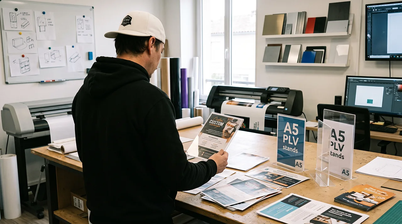 Préparation de supports sur mesure à l'atelier : flyers, présentoirs PLV et traceur de découpe